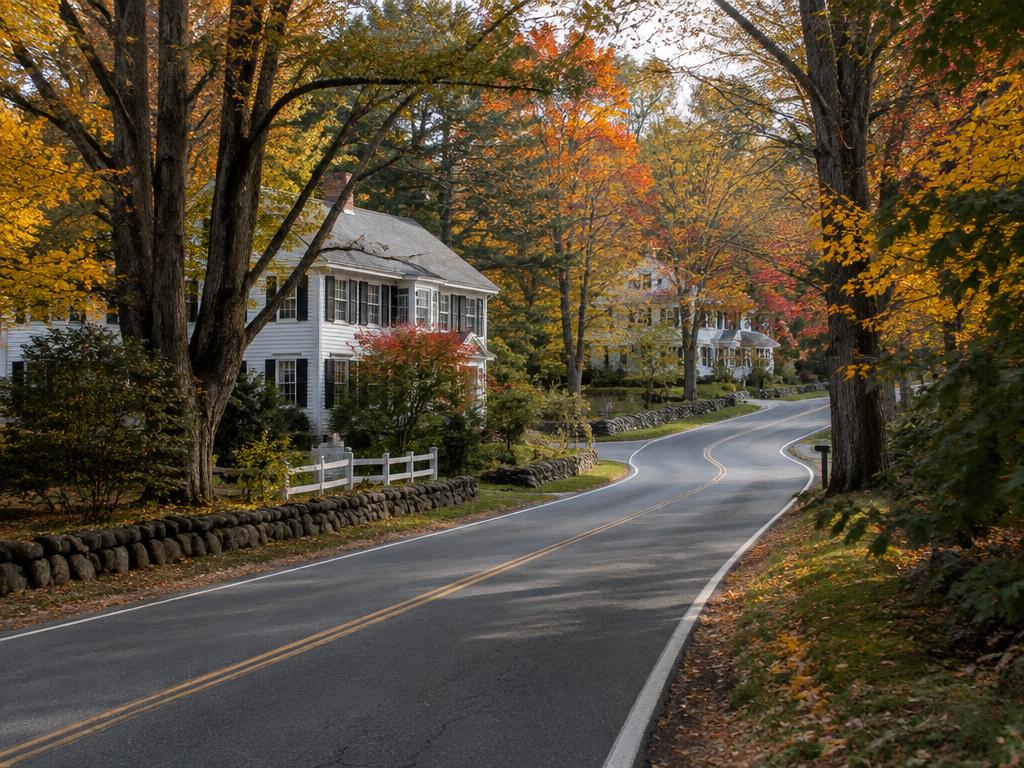 Carretera arbolada en un vecindario residencial de Connecticut en otoño
