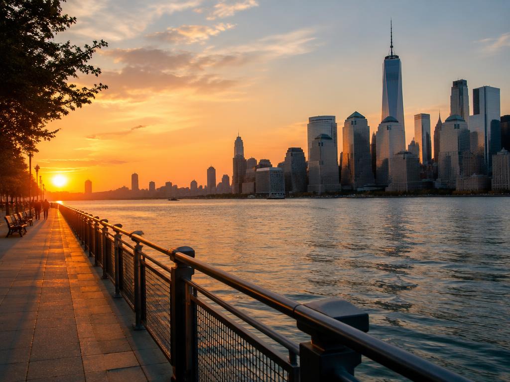 Paseo junto al río en New Jersey al atardecer