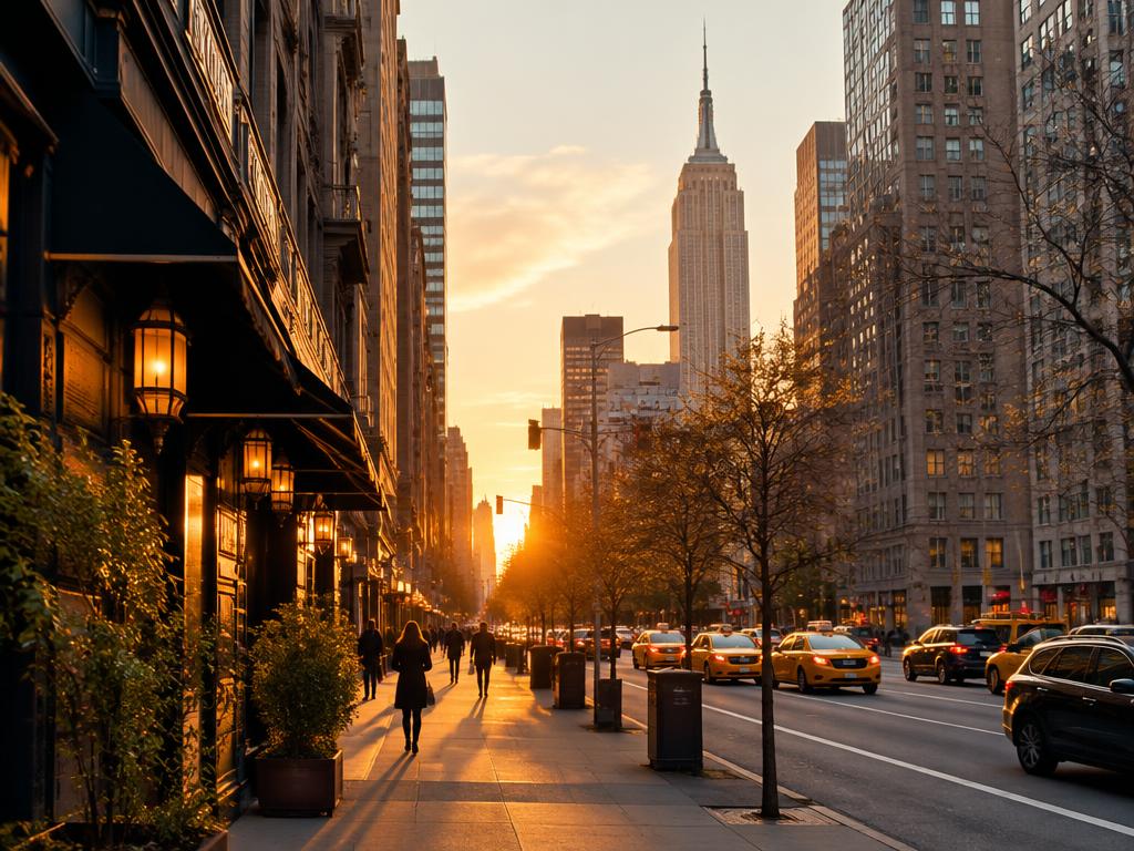 Avenida de New York al atardecer con edificios altos